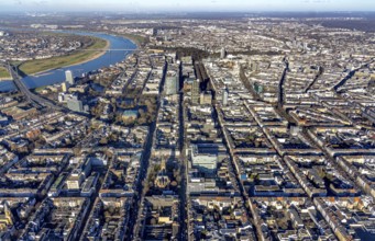 Aerial view, office buildings and commercial buildings Friedrichstraße with the catholic church St.