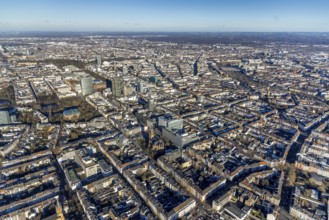 Aerial view, office buildings and commercial buildings Friedrichstraße with the catholic church St.