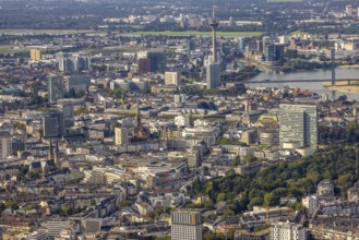 Aerial view, city view Carlstadt with view to the Rhine Tower and Media Harbour in the district