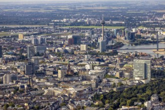 Aerial view, city view Carlstadt with view to the Rhine Tower and Media Harbour in the district