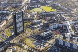 Aerial view, ARAG Tower with construction site at the corner of Mercedesstraße and Münsterstraße