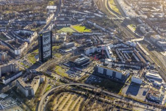 Aerial view, ARAG Tower with construction site at the corner of Mercedesstraße and Münsterstraße