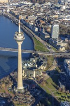 Aerial view, State Parliament of North Rhine-Westphalia and Rhine Tower in the harbour district of
