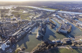 Aerial view, office buildings and commercial buildings in the media harbour in the harbour in