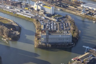 Aerial view, office buildings and commercial buildings Plange Mühle in the media harbour in the