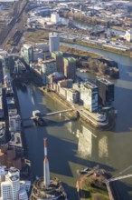 Aerial view, office buildings and commercial buildings in the media harbour with Hyatt Regency