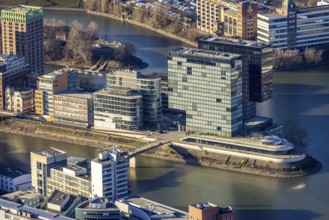 Aerial view, office buildings and commercial buildings in the media harbour with Hyatt Regency