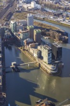 Aerial view, office buildings and commercial buildings in the media harbour with Hyatt Regency