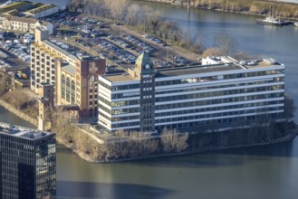 Aerial view, office buildings and commercial buildings Plange Mühle in the media harbour in the