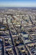 Aerial view, office buildings and commercial buildings Friedrichstraße with the catholic church St.