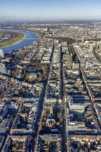 Aerial view, office buildings and commercial buildings Friedrichstraße with the catholic church St.