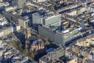Aerial view, office buildings and commercial buildings Friedrichstraße with the catholic church St.