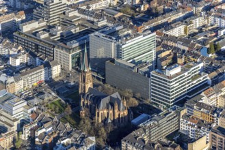 Aerial view, office buildings and commercial buildings Friedrichstraße with the catholic church St.