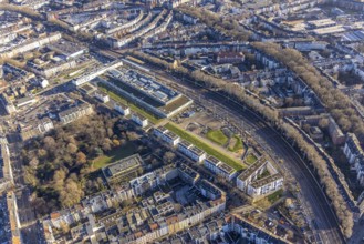 Aerial view, Düsseldorf Arcaden shopping centre and Florapark municipal park in the Unterbilk