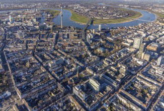 Aerial view, office buildings and commercial buildings Friedrichstraße with the catholic church St.