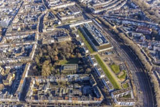Aerial view, Düsseldorf Arcaden shopping centre and Florapark municipal park in the Unterbilk