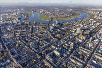 Aerial view, office buildings and commercial buildings Friedrichstraße with the catholic church St.
