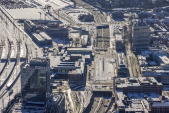 Aerial view, construction site station forecourt, new building Mercator One Duisburg,
