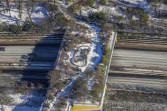 Aerial view, pedestrian bridge and green bridge at the zoo over the A3 motorway, Duissern,