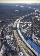Aerial view, pedestrian bridge and green bridge at the zoo over the A3 motorway, Duissern,