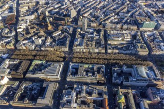 Aerial view, office buildings and commercial buildings on the Kö and evang. Johanneskirche in the