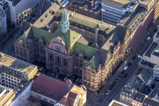 Aerial view, administrative court Düsseldorf with green roof in city centre in Düsseldorf,