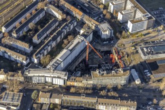 Aerial view, construction site at the corner of Mercedesstraße and Münsterstraße with new