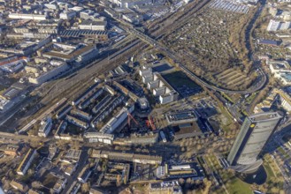 Aerial view, ARAG Tower with construction site on Mercedesstraße with new construction of an office
