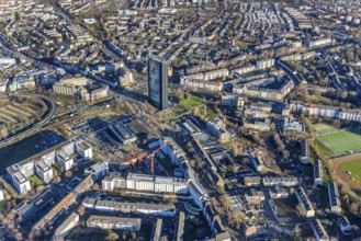 Aerial view, ARAG Tower with construction site on Mercedesstraße with new construction of an office