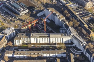 Aerial view, construction site at the corner of Mercedesstraße and Münsterstraße with new