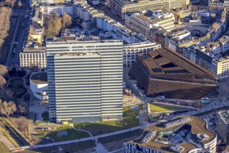 Aerial view, Dreischeibenhaus and Düsseldorfer Schauspielhaus as well as business centre Kö Bogen