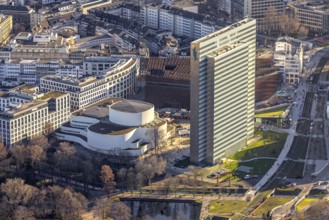 Aerial view, Dreischeibenhaus and Düsseldorfer Schauspielhaus as well as business centre Kö Bogen
