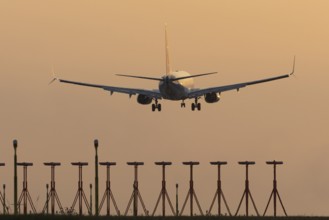 Boeing 737 jet passenger aircraft of Ryanair airlines landing over runway lights at sunset, London