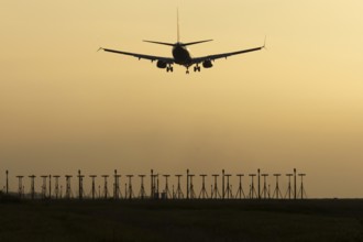 Boeing 737 jet passenger aircraft of Ryanair airlines landing over runway lights at sunset, London