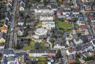 Aerial view, church St. Johannes, catholic kindergarten St. Johannes, construction site new