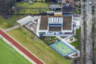 Aerial view, new building Manus, Manuel Neuer Kids Foundation, children and youth centre with