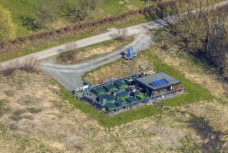 Aerial view, storage area Oststraße in the Ruhrauen, fish farm ?, Bestwig, Sauerland, North