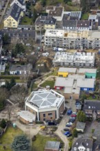 Aerial view, church St. Johannes, catholic kindergarten St. Johannes, construction site new