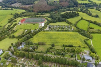 Aerial view, meadows and fields at the Klevinghauser Straße between cemetery and sports field in