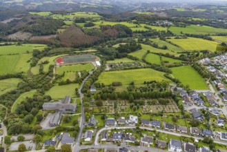 Aerial view, meadows and fields at Klevinghauser Straße between cemetery and sports field as well