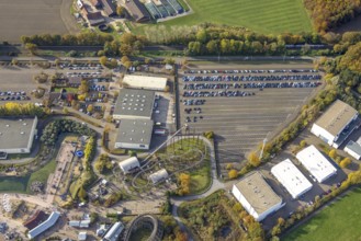 Aerial view, Movie Park Germany car park in the district Kirchhellen-Nord-Ost in Bottrop, Ruhr