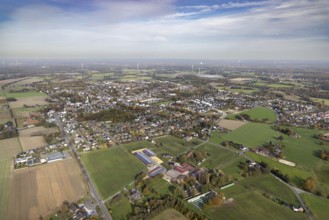 Aerial view, townscape with catholic church St. John the Baptist in the district Kirchhellen in