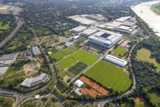 Aerial view, At the river Rhine the fair Düsseldorf with the Bundesliga stadium MERKUR SPIEL-ARENA