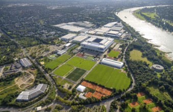 Aerial view, At the river Rhine the fair Düsseldorf with the Bundesliga stadium MERKUR SPIEL-ARENA