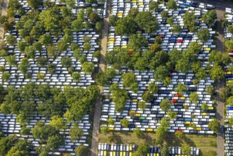 Aerial view, Caravan Center Campingplatz am Messeparkplatz im Stadtteil Stockum in Düsseldorf,