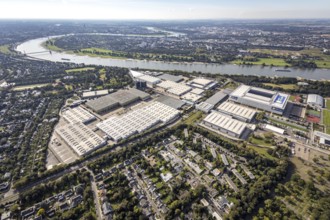 Aerial view, At the river Rhine the fair Düsseldorf with the Bundesliga stadium MERKUR SPIEL-ARENA