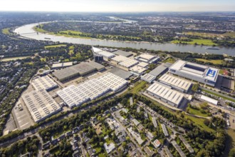 Aerial view, At the river Rhine the fair Düsseldorf with the Bundesliga stadium MERKUR SPIEL-ARENA