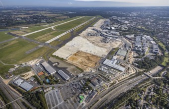 Aerial view, Düsseldorf Airport with construction site in the Lohausen district of Düsseldorf,