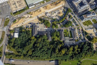 Aerial view, Federal Police Airport Road and construction site in the Unterrath district of
