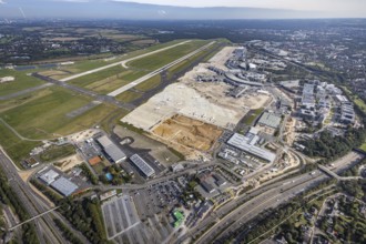 Aerial view, Düsseldorf Airport with construction site in the Lohausen district of Düsseldorf,